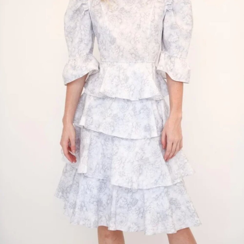 Batsheva White Floral Tiered Long Sleeve Dress